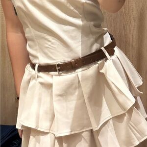 Cream Ruffled Dress with Brown Belt